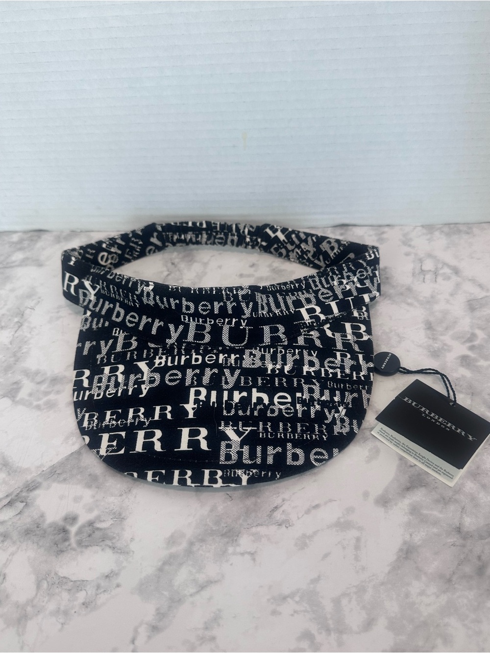 Burberry London Navy/White Logo Print Sun Visor Hat Adjustable One Size NWT